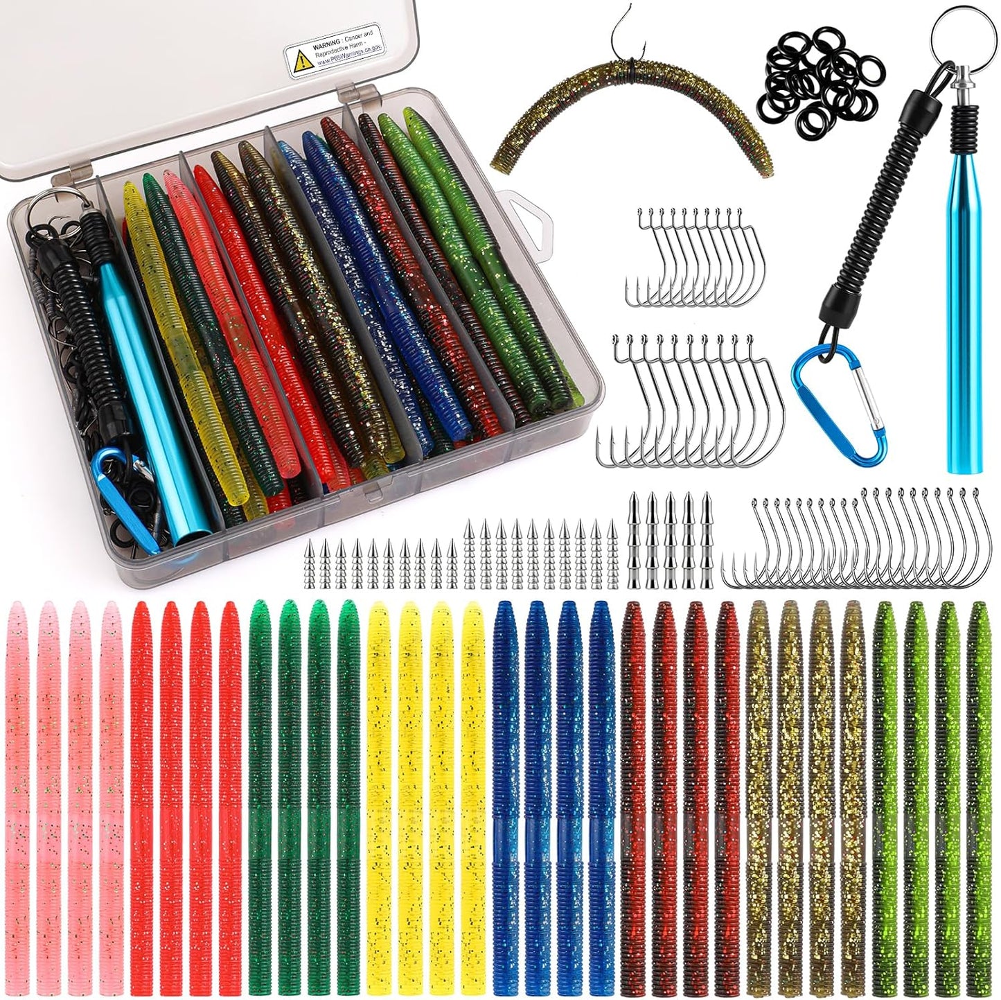 Fishing Lures, Bass Fishing Kit with Wacky Worm, Fishing Worms for Bass Fishing, Soft Plastic Baits with Hooks, Weights, Fishing Accessories, Fishing Gear Fishing Gifts for Men with Tackle Box