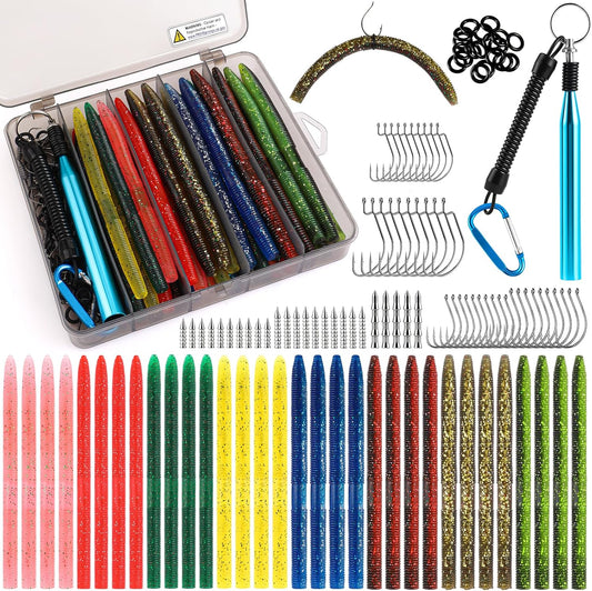 Fishing Lures, Bass Fishing Kit with Wacky Worm, Fishing Worms for Bass Fishing, Soft Plastic Baits with Hooks, Weights, Fishing Accessories, Fishing Gear Fishing Gifts for Men with Tackle Box