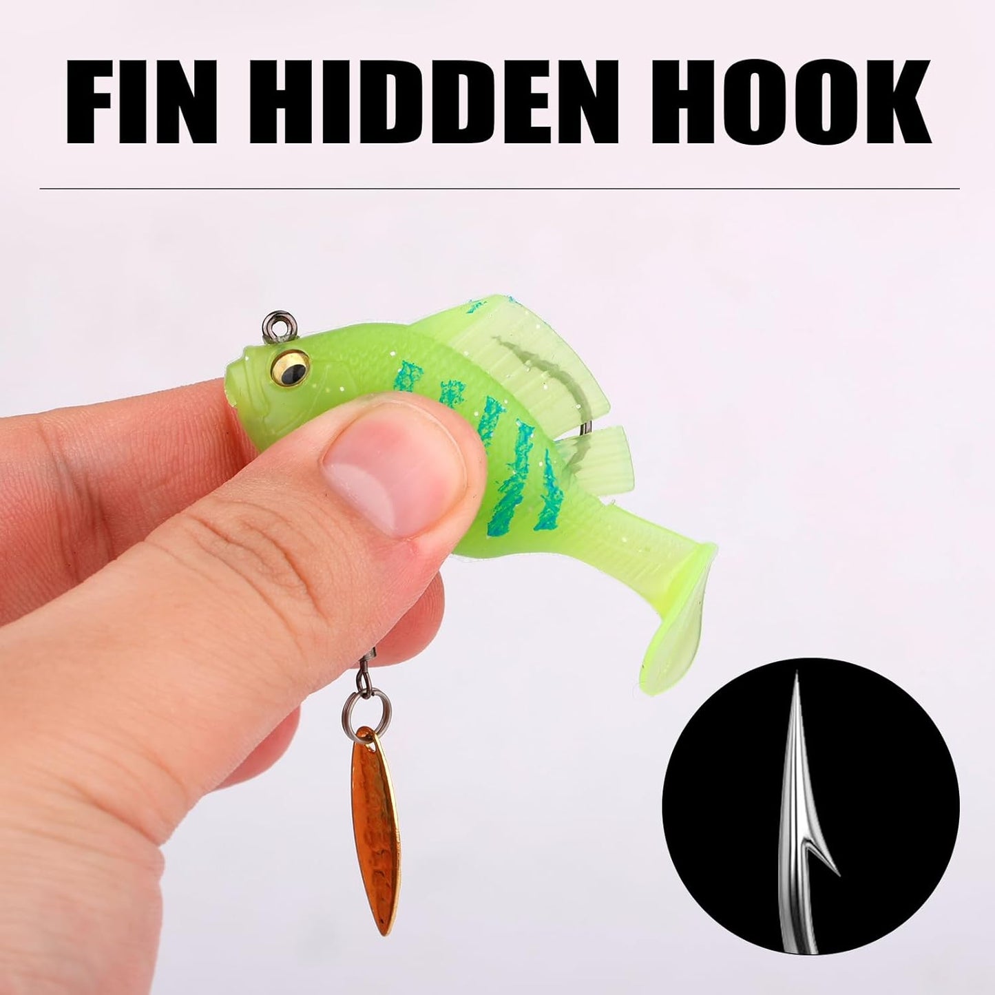 6Pcs Pre-Rigged Jig Head Soft Fishing Lures, Plastic Fishing Paddle Tail Swimbaits with Hidden Hooks in the Top Fin Topwater Fishing Lures Bait Equipment for Saltwater Freshwater Bass Trout