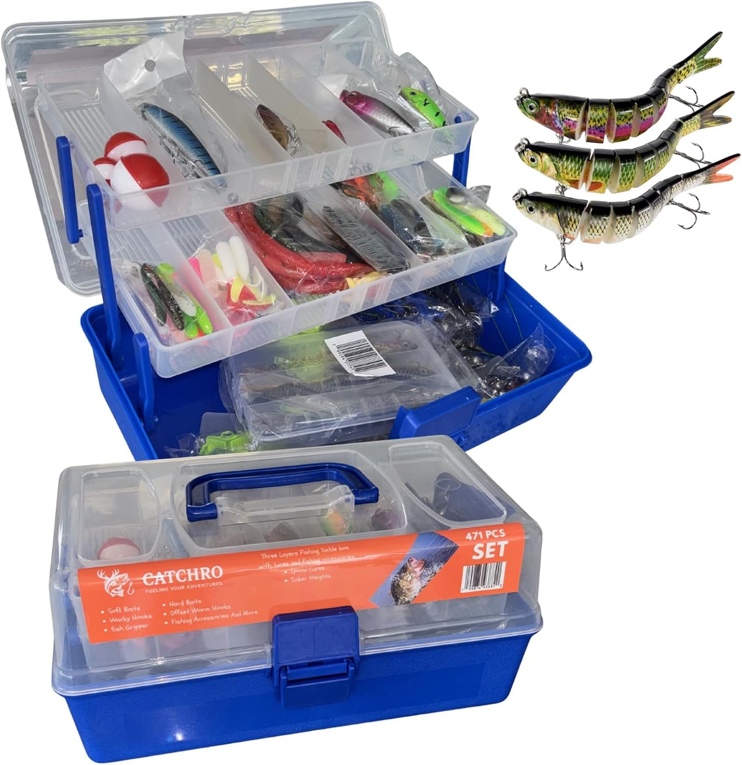 CATCHRO Fishing Tackle Box 471PCS with Bass Fishing Lures & 3 Multi Jointed Swimbaits, Large Tackle Box with Soft Plastic Baits, Fishing Lures and Bait Kit for Freshwater Bass Fishing Gear