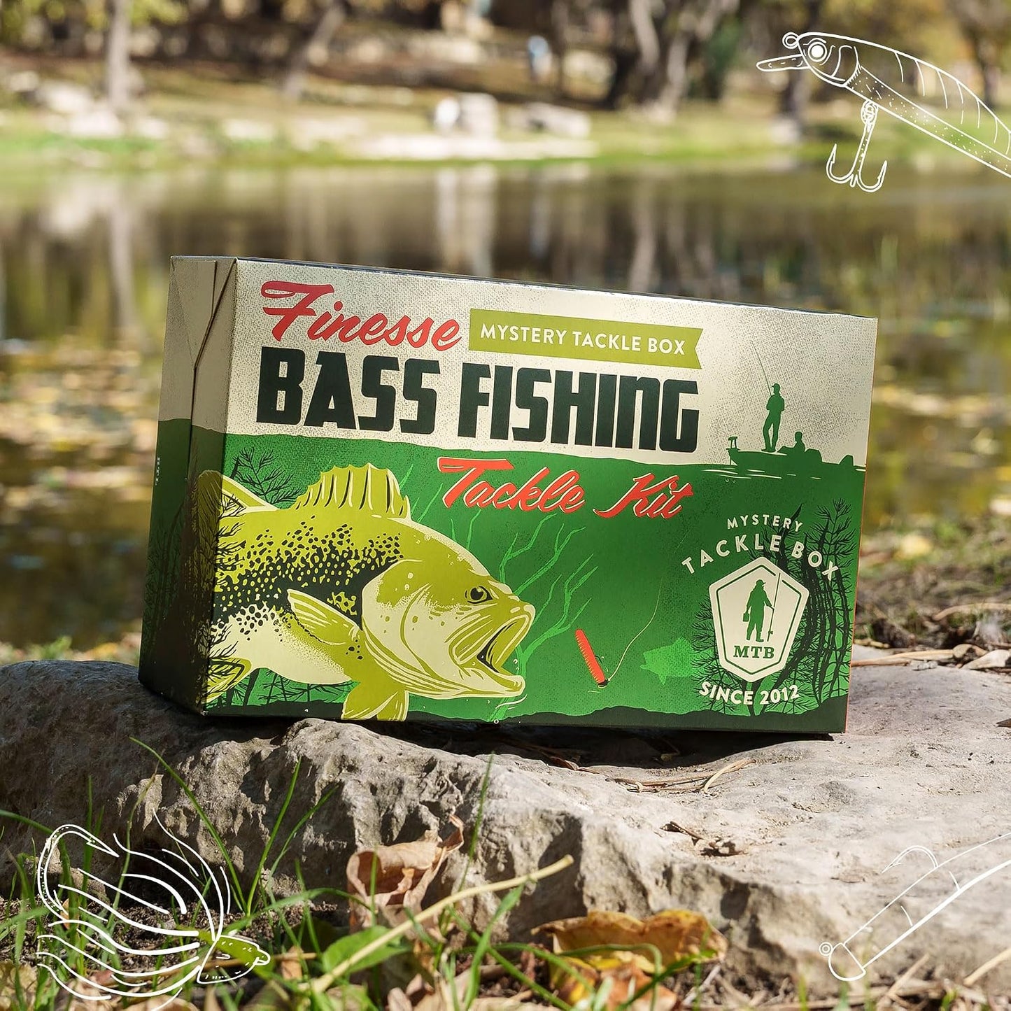 Mystery Tackle Box Finesse Bass Fishing Kit (6-8 Baits & Decal) | 6-8 Baits for Largemouth and Smallmouth Bass - Includes Decal, Fishing Gifts, Fishing Gifts for Men