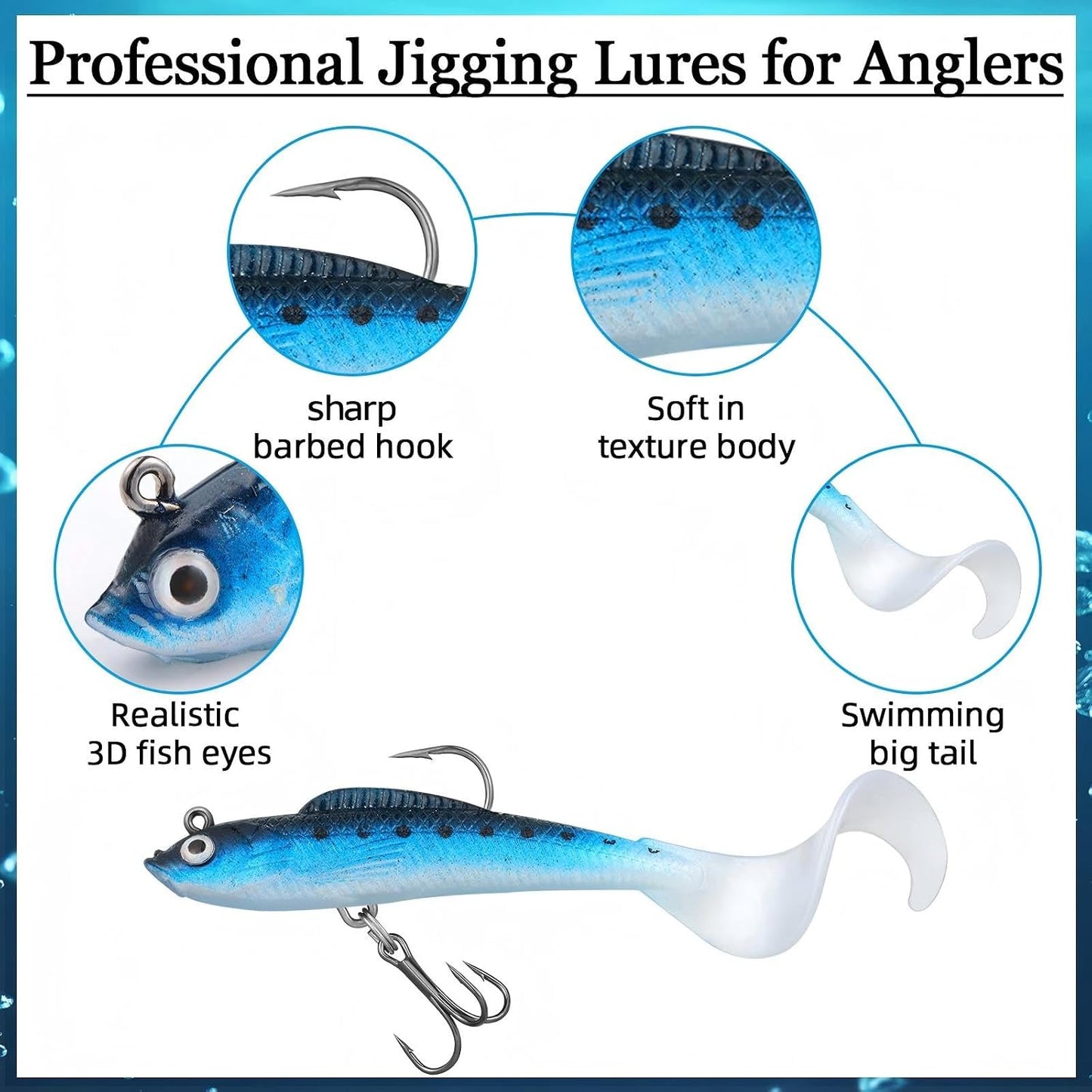 Fishing Lures Soft Plastic Lures for Bass Jig Head Swimbait Lifelike Soft Plastic Baits Tackle Kit for Saltwater and Freshwater, Multicolor