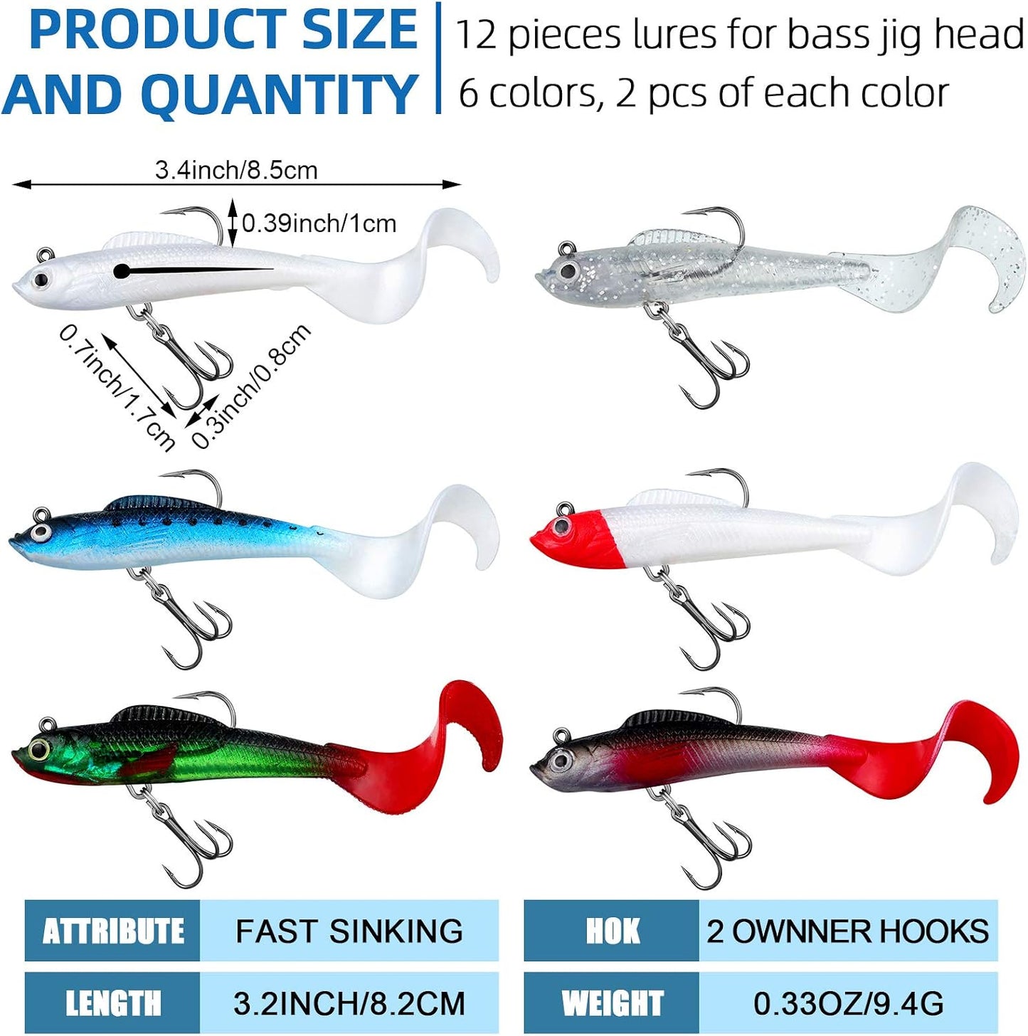 Fishing Lures Soft Plastic Lures for Bass Jig Head Swimbait Lifelike Soft Plastic Baits Tackle Kit for Saltwater and Freshwater, Multicolor