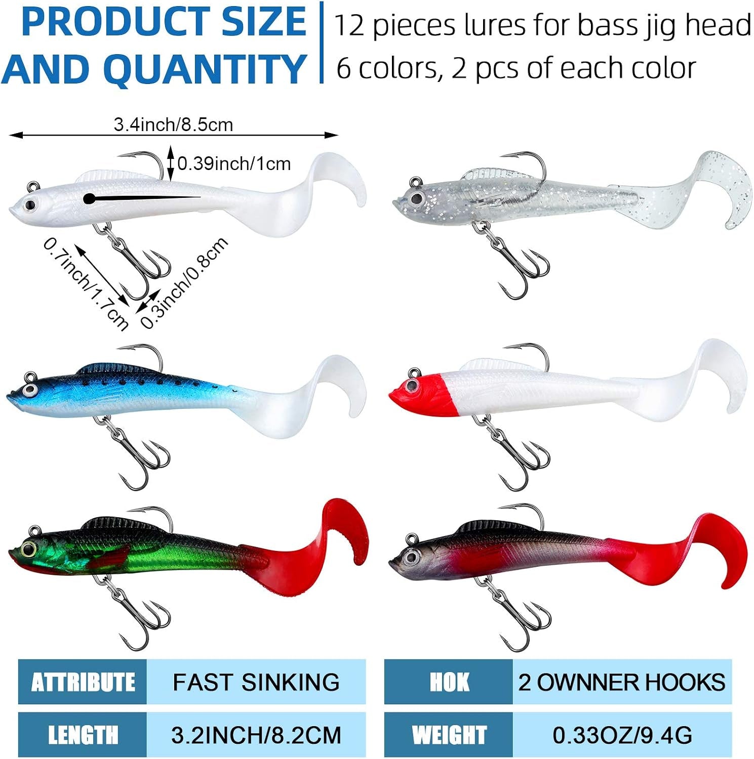Fishing Lures Soft Plastic Lures for Bass Jig Head Swimbait Lifelike Soft Plastic Baits Tackle Kit for Saltwater and Freshwater, Multicolor