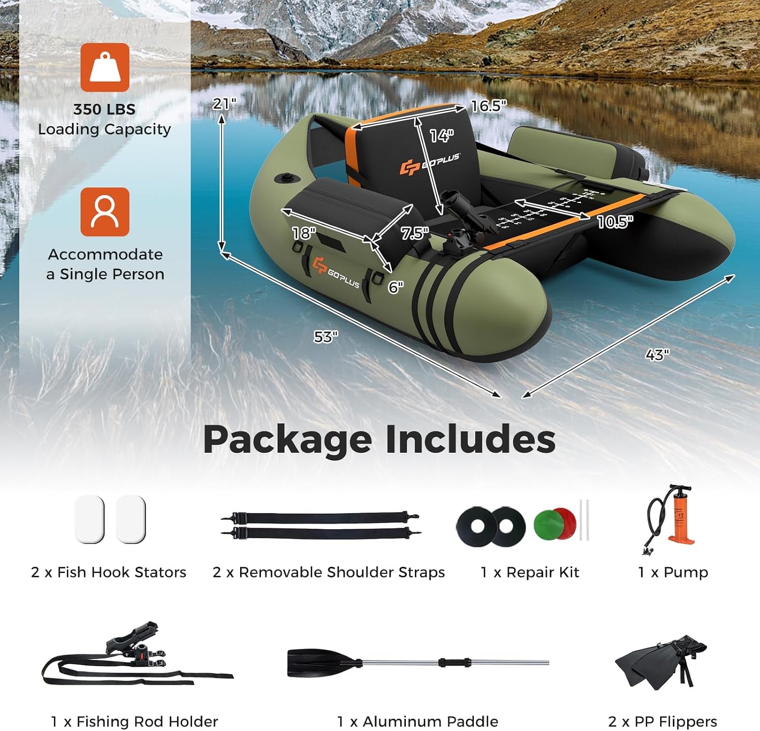Inflatable Float Tube, Fishing Belly Boat with Fish Ruler, Pump, Storage Pockets, Adjustable Straps, Fishing Float Tube for Angling, 350LBS Load Capacity