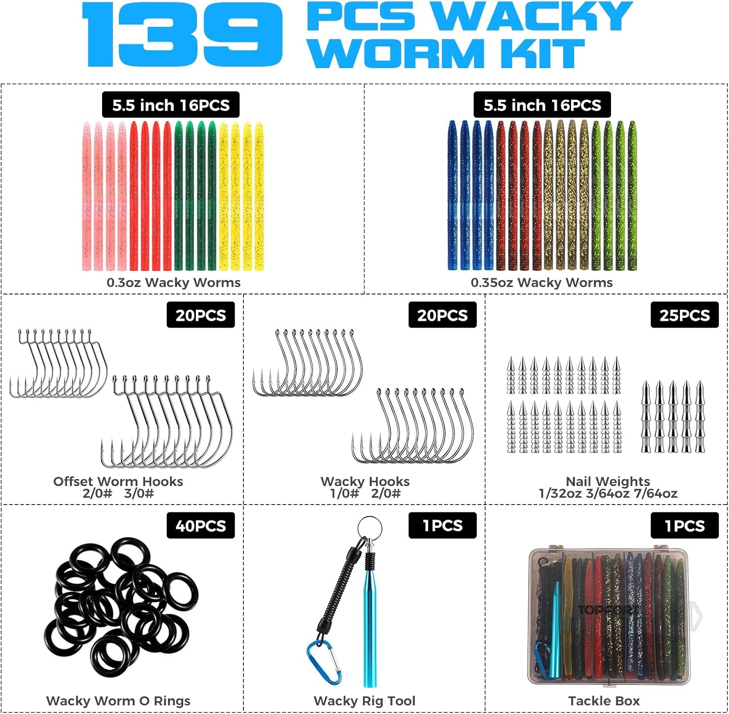 Fishing Lures, Bass Fishing Kit with Wacky Worm, Fishing Worms for Bass Fishing, Soft Plastic Baits with Hooks, Weights, Fishing Accessories, Fishing Gear Fishing Gifts for Men with Tackle Box