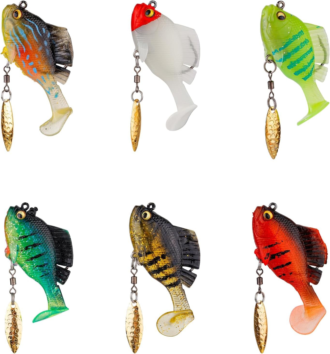 6Pcs Pre-Rigged Jig Head Soft Fishing Lures, Plastic Fishing Paddle Tail Swimbaits with Hidden Hooks in the Top Fin Topwater Fishing Lures Bait Equipment for Saltwater Freshwater Bass Trout