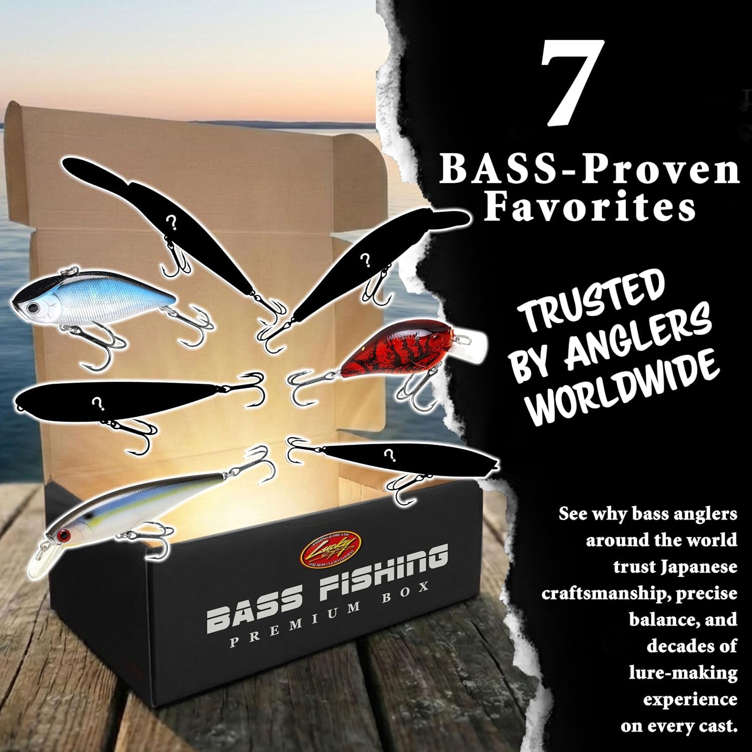 Bass Premium Box, 7 Freshwater Fishing Lures for Lake and River Fish, Mystery Selection Tackle Box with Surprise Bass Lures, Fishing Gear Accessories