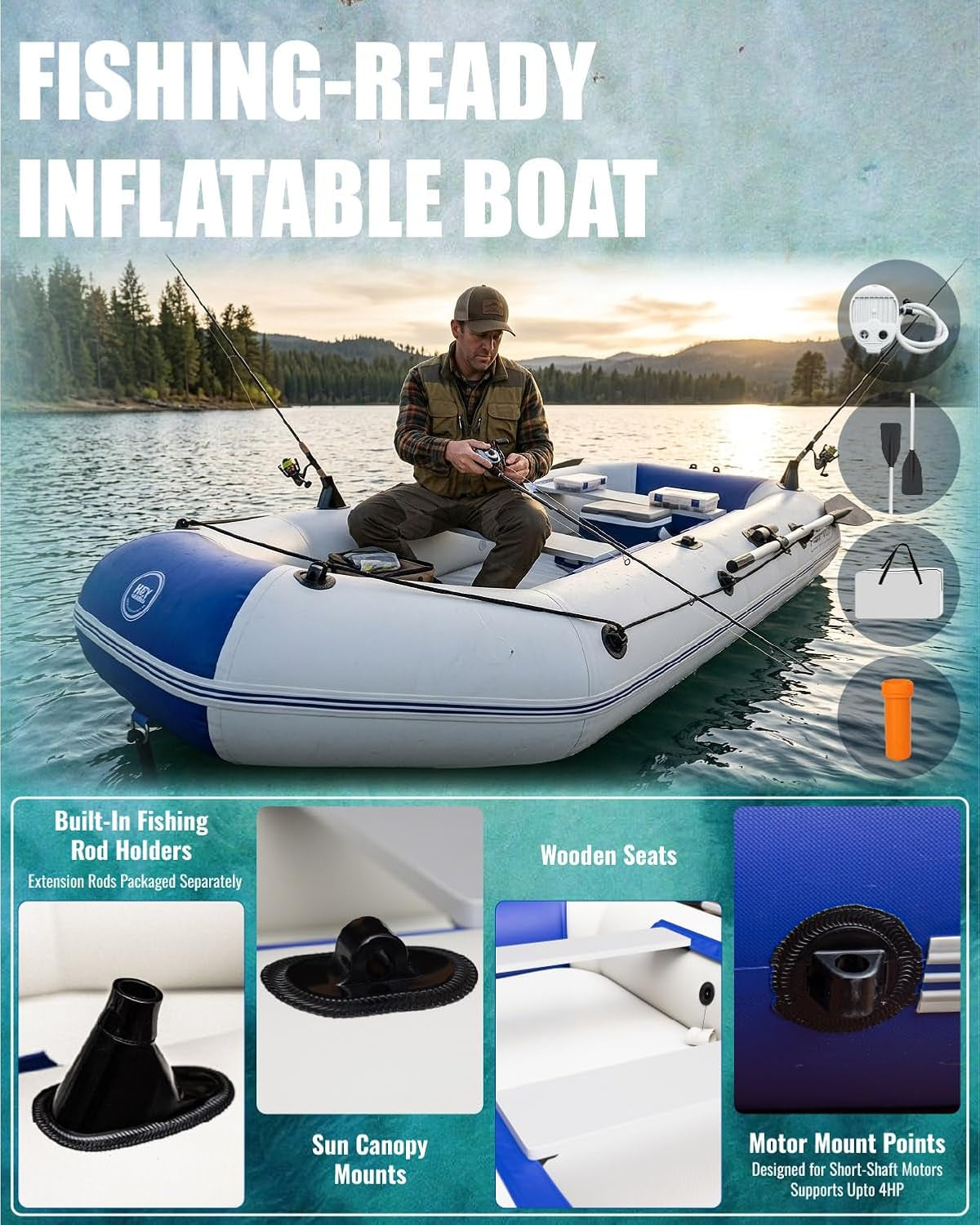 10FT Inflatable Fishing Boat for Adults with Drop-Stitch Floor 3–4 Persons PVC Inflatable Boat USCG Approved