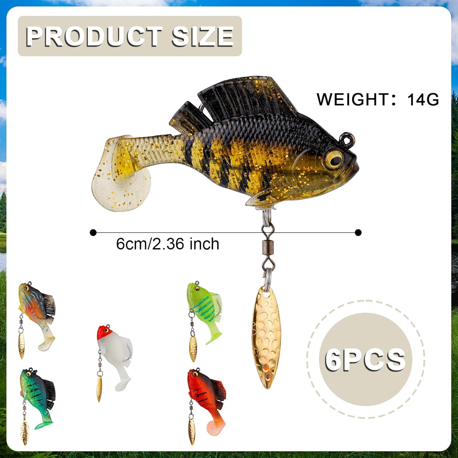 6Pcs Pre-Rigged Jig Head Soft Fishing Lures, Plastic Fishing Paddle Tail Swimbaits with Hidden Hooks in the Top Fin Topwater Fishing Lures Bait Equipment for Saltwater Freshwater Bass Trout