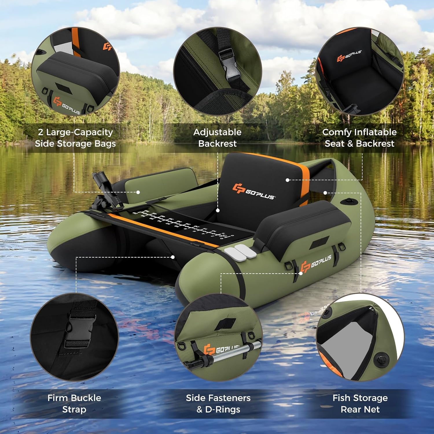 Inflatable Float Tube, Fishing Belly Boat with Fish Ruler, Pump, Storage Pockets, Adjustable Straps, Fishing Float Tube for Angling, 350LBS Load Capacity