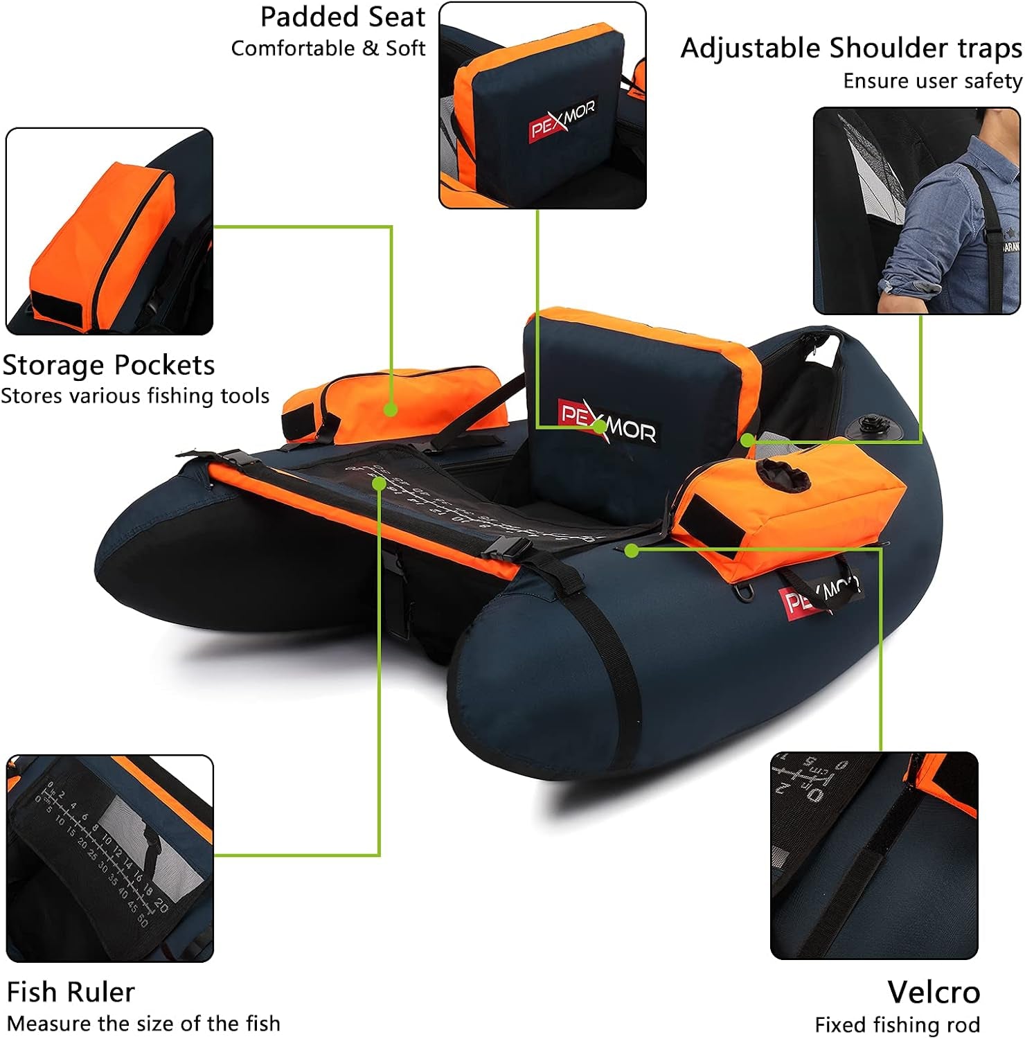 Inflatable Fishing Float Tube, Float Tubes for Fishing W/Rod Holder | Fish Ruler | Pump | Carry Bag | Adjustable Straps| Storage Pockets, 350LBS Capacity Fly Fishing Belly Boat