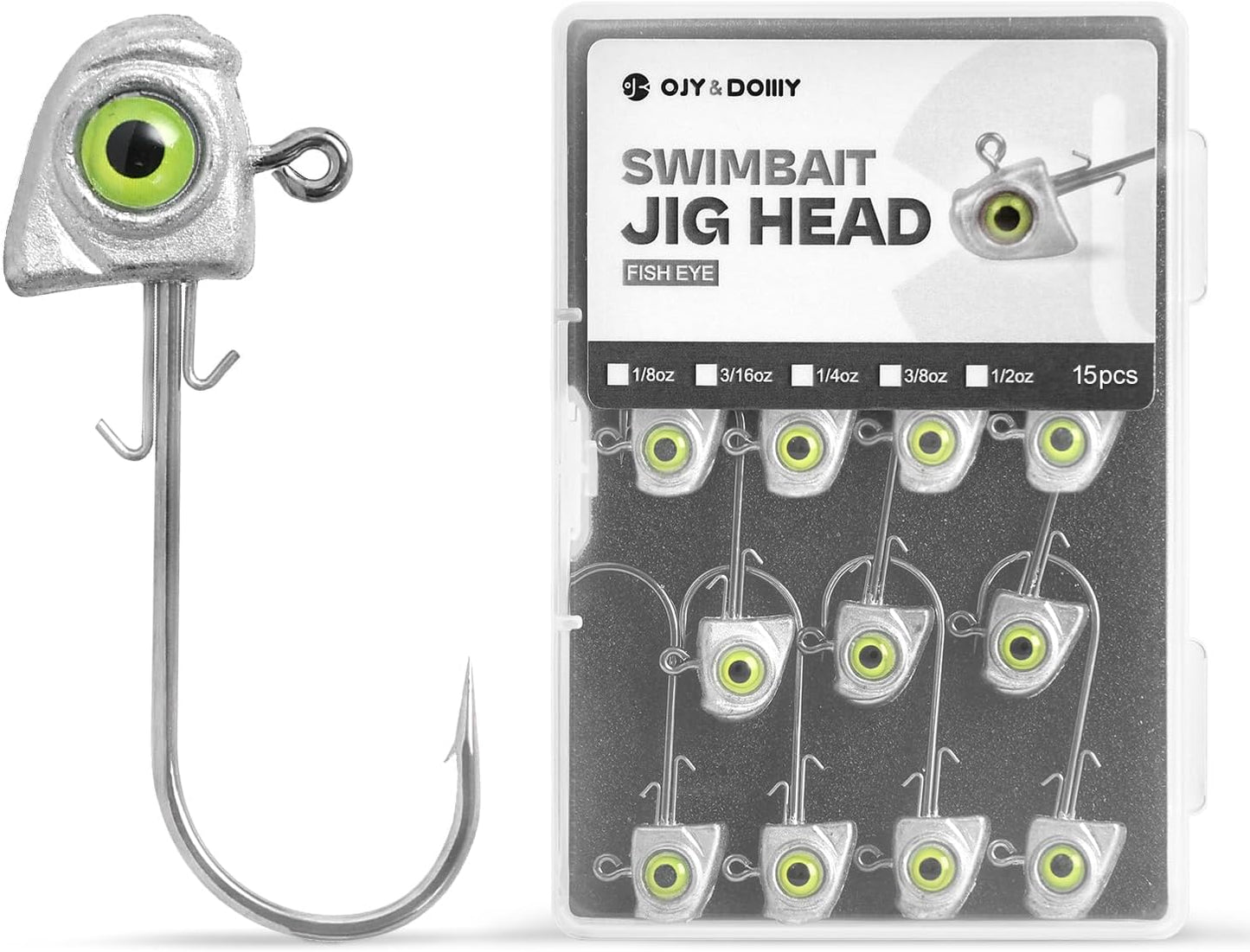 OJY&DOIIIY Swimbait Jig Heads with Chartreuse Fish Eye, 1/8 3/16 1/4 3/8 1/2Oz Jigheads for Freshwater&Saltwater Fishing 15-Pack