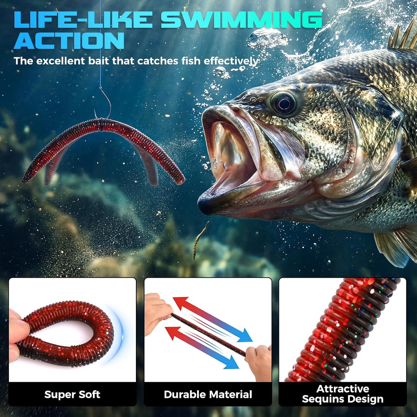 Fishing Lures, Bass Fishing Kit with Wacky Worm, Fishing Worms for Bass Fishing, Soft Plastic Baits with Hooks, Weights, Fishing Accessories, Fishing Gear Fishing Gifts for Men with Tackle Box