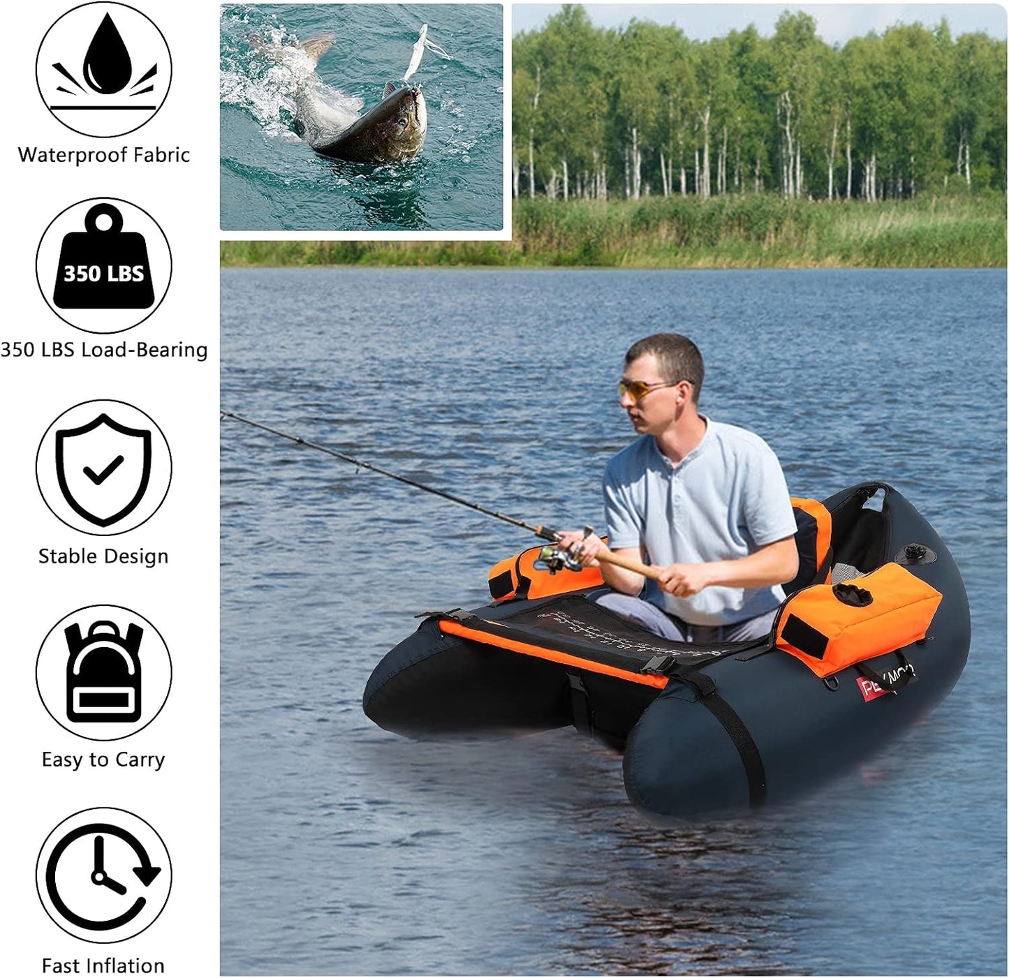 Inflatable Fishing Float Tube, Float Tubes for Fishing W/Rod Holder | Fish Ruler | Pump | Carry Bag | Adjustable Straps| Storage Pockets, 350LBS Capacity Fly Fishing Belly Boat