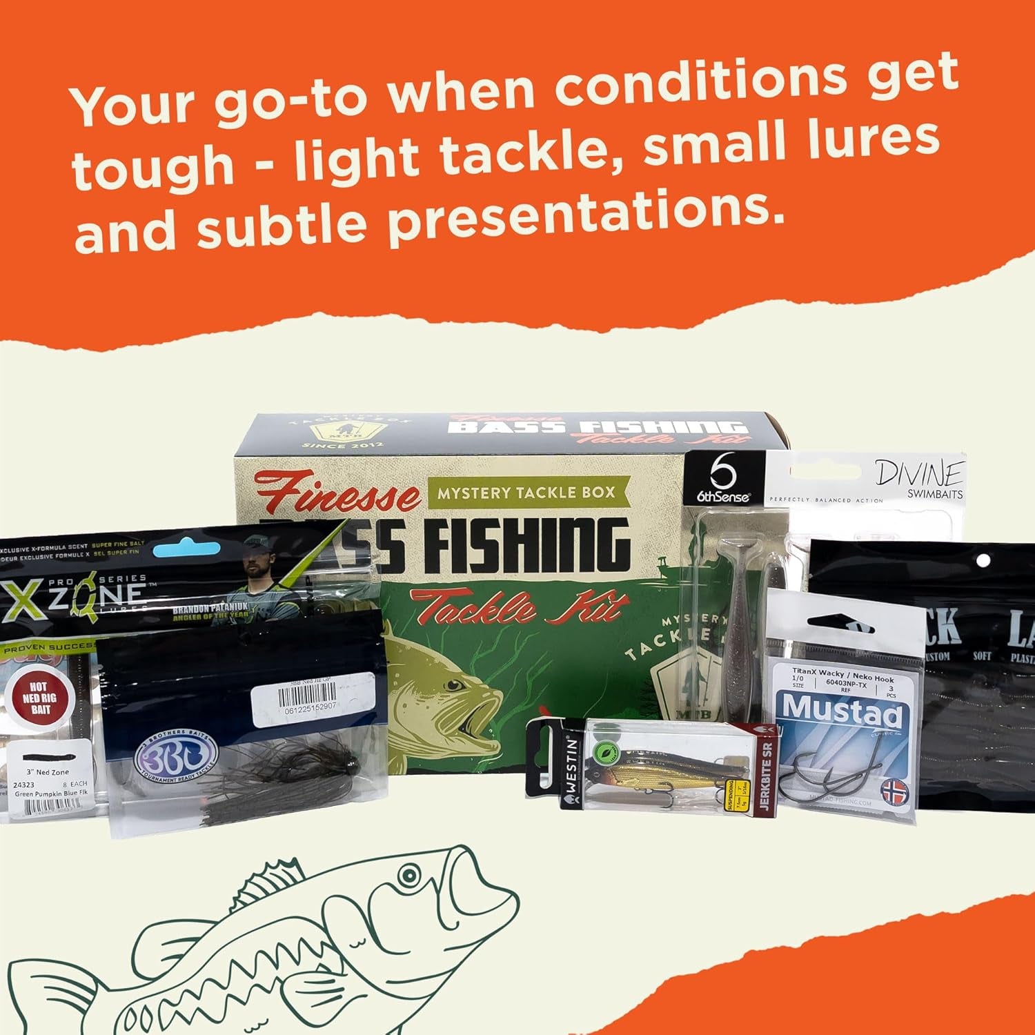 Mystery Tackle Box Finesse Bass Fishing Kit (6-8 Baits & Decal) | 6-8 Baits for Largemouth and Smallmouth Bass - Includes Decal, Fishing Gifts, Fishing Gifts for Men