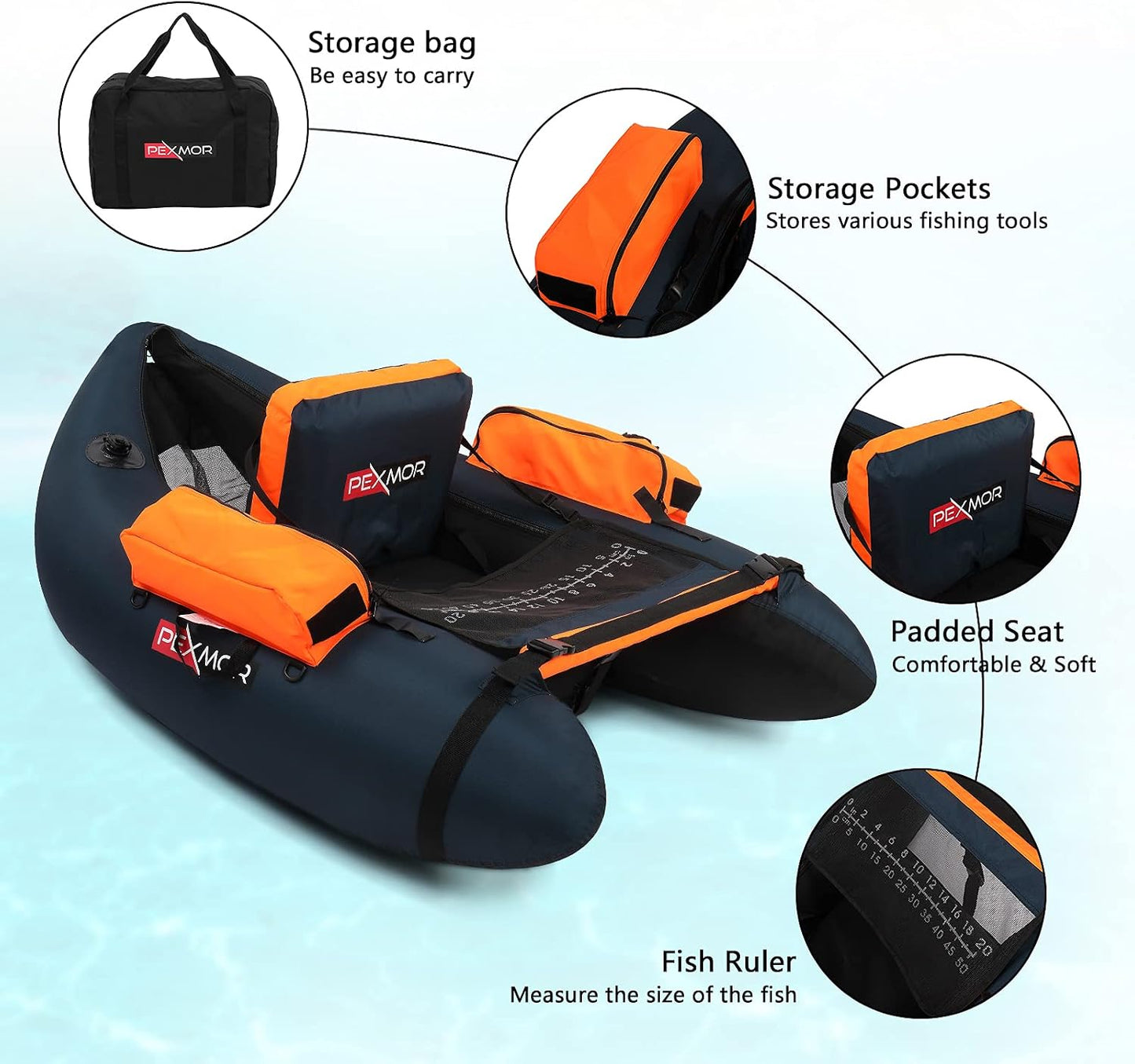 Inflatable Fishing Float Tube, Float Tubes for Fishing W/Rod Holder | Fish Ruler | Pump | Carry Bag | Adjustable Straps| Storage Pockets, 350LBS Capacity Fly Fishing Belly Boat