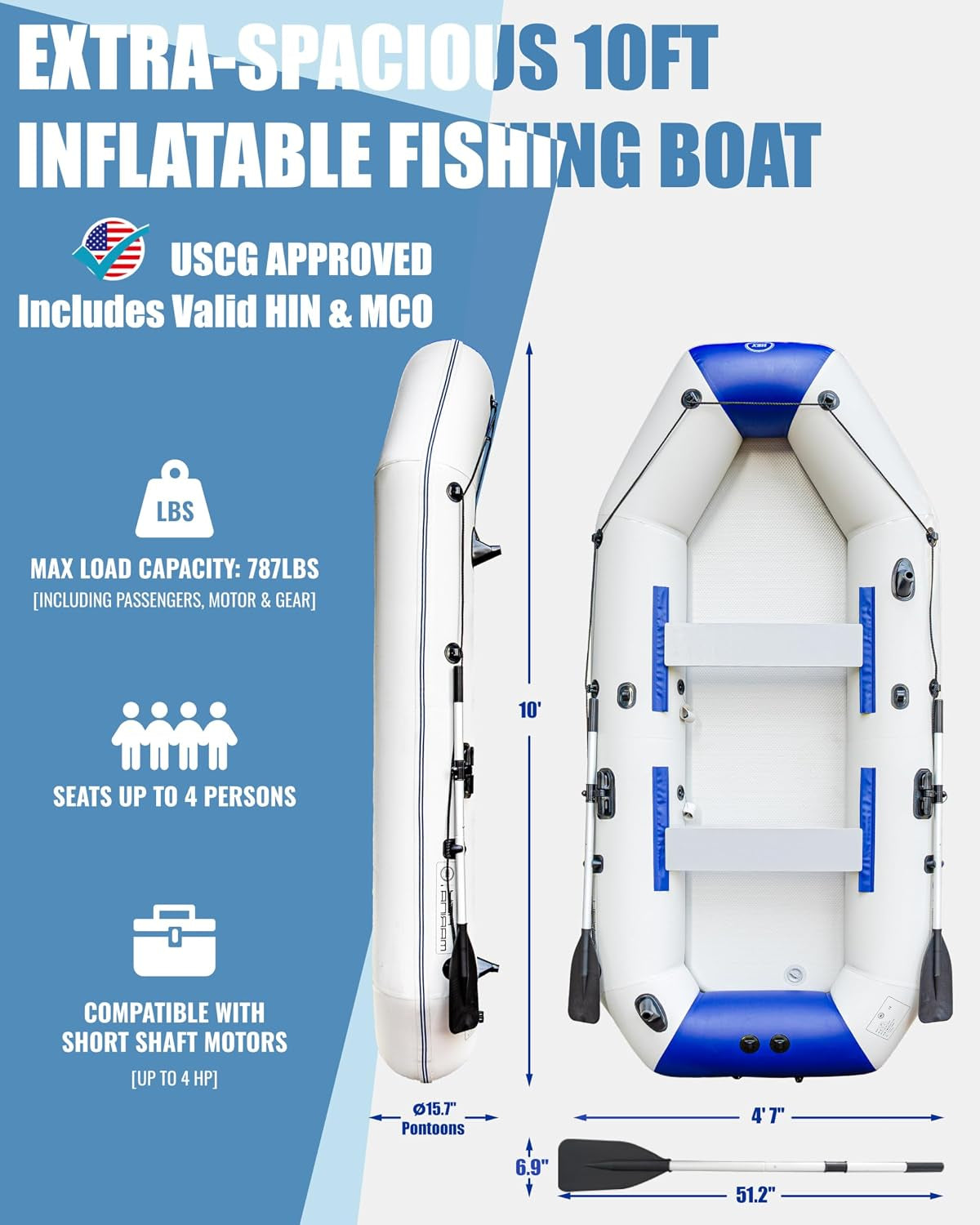 10FT Inflatable Fishing Boat for Adults with Drop-Stitch Floor 3–4 Persons PVC Inflatable Boat USCG Approved