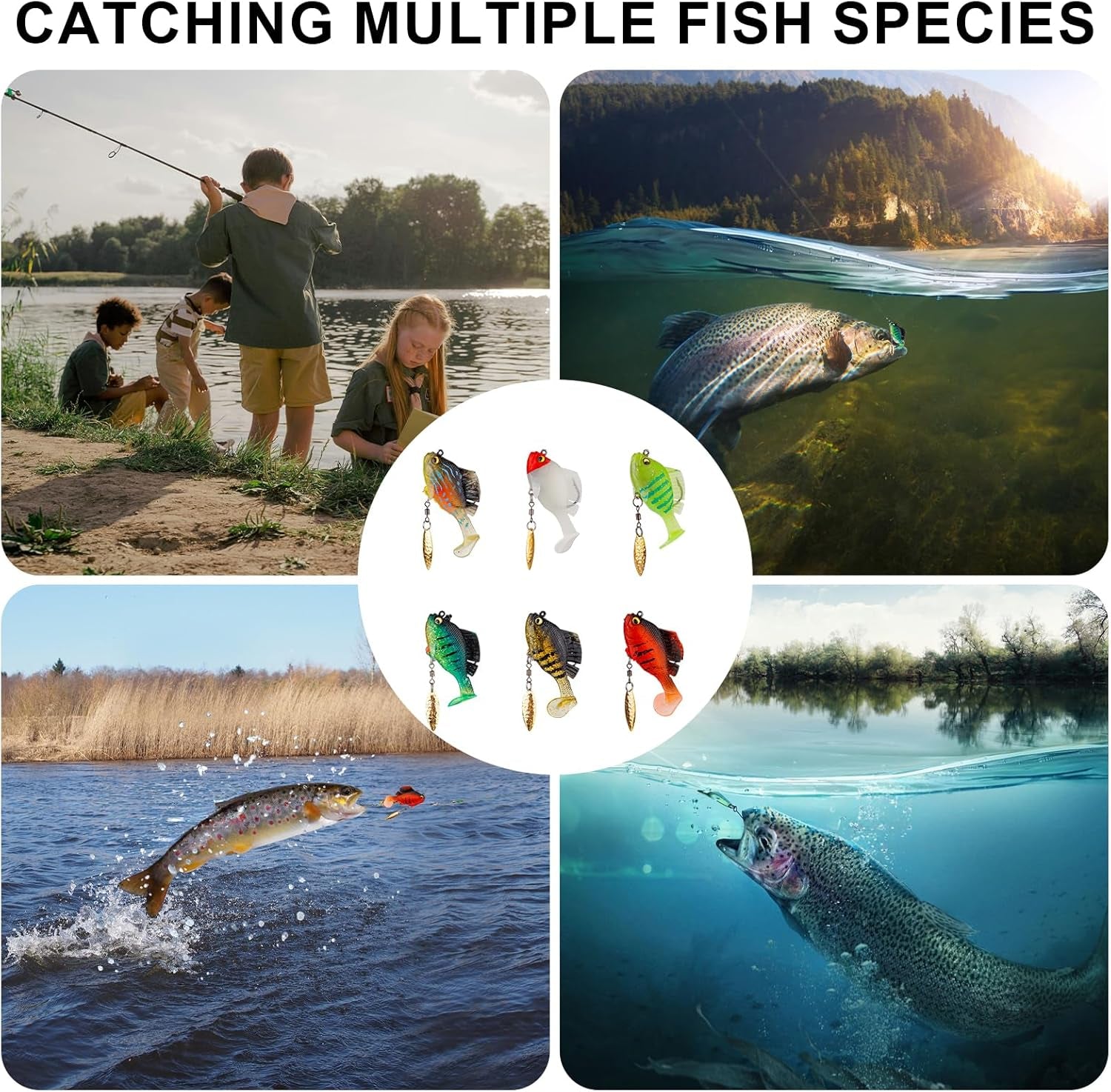 6Pcs Pre-Rigged Jig Head Soft Fishing Lures, Plastic Fishing Paddle Tail Swimbaits with Hidden Hooks in the Top Fin Topwater Fishing Lures Bait Equipment for Saltwater Freshwater Bass Trout