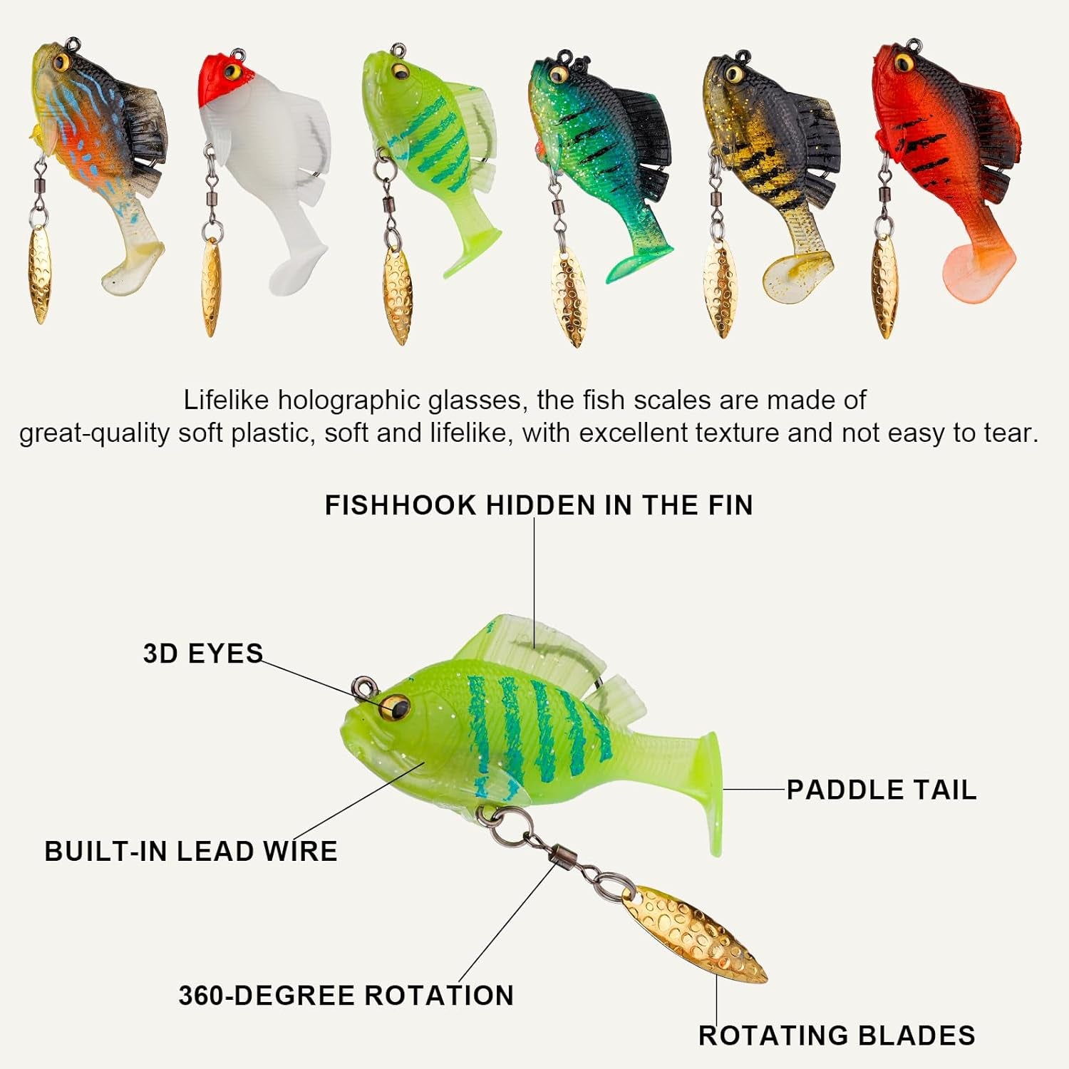 6Pcs Pre-Rigged Jig Head Soft Fishing Lures, Plastic Fishing Paddle Tail Swimbaits with Hidden Hooks in the Top Fin Topwater Fishing Lures Bait Equipment for Saltwater Freshwater Bass Trout