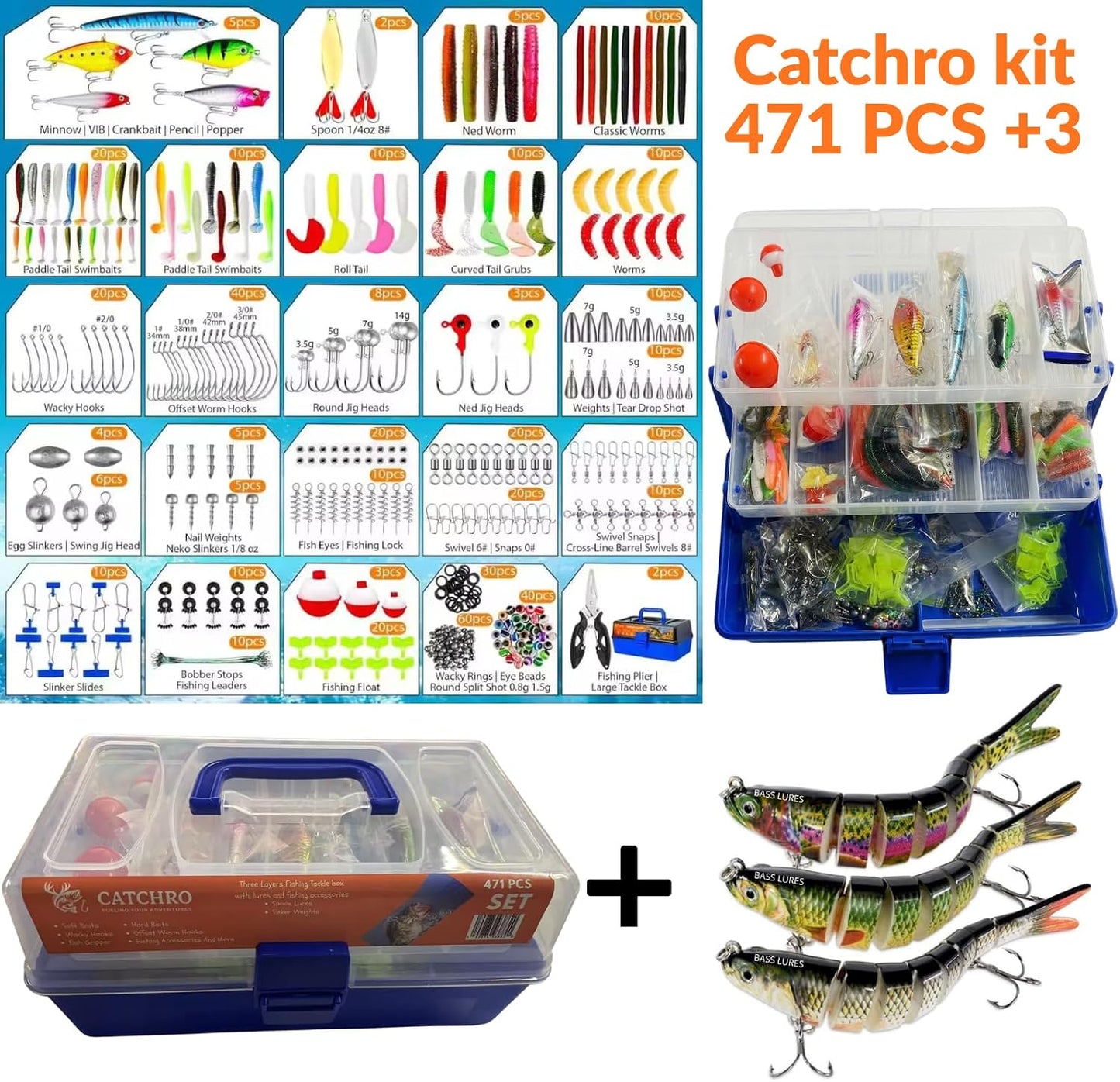 CATCHRO Fishing Tackle Box 471PCS with Bass Fishing Lures & 3 Multi Jointed Swimbaits, Large Tackle Box with Soft Plastic Baits, Fishing Lures and Bait Kit for Freshwater Bass Fishing Gear