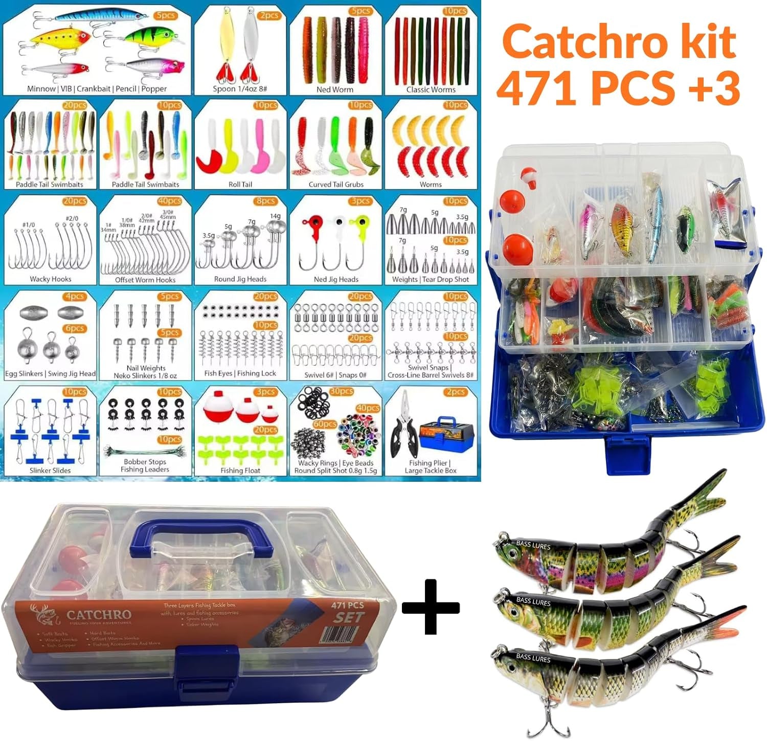 CATCHRO Fishing Tackle Box 471PCS with Bass Fishing Lures & 3 Multi Jointed Swimbaits, Large Tackle Box with Soft Plastic Baits, Fishing Lures and Bait Kit for Freshwater Bass Fishing Gear