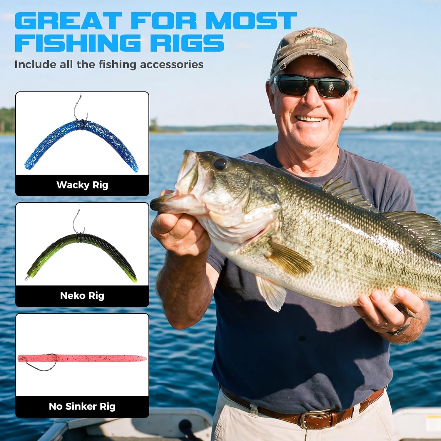 Fishing Lures, Bass Fishing Kit with Wacky Worm, Fishing Worms for Bass Fishing, Soft Plastic Baits with Hooks, Weights, Fishing Accessories, Fishing Gear Fishing Gifts for Men with Tackle Box