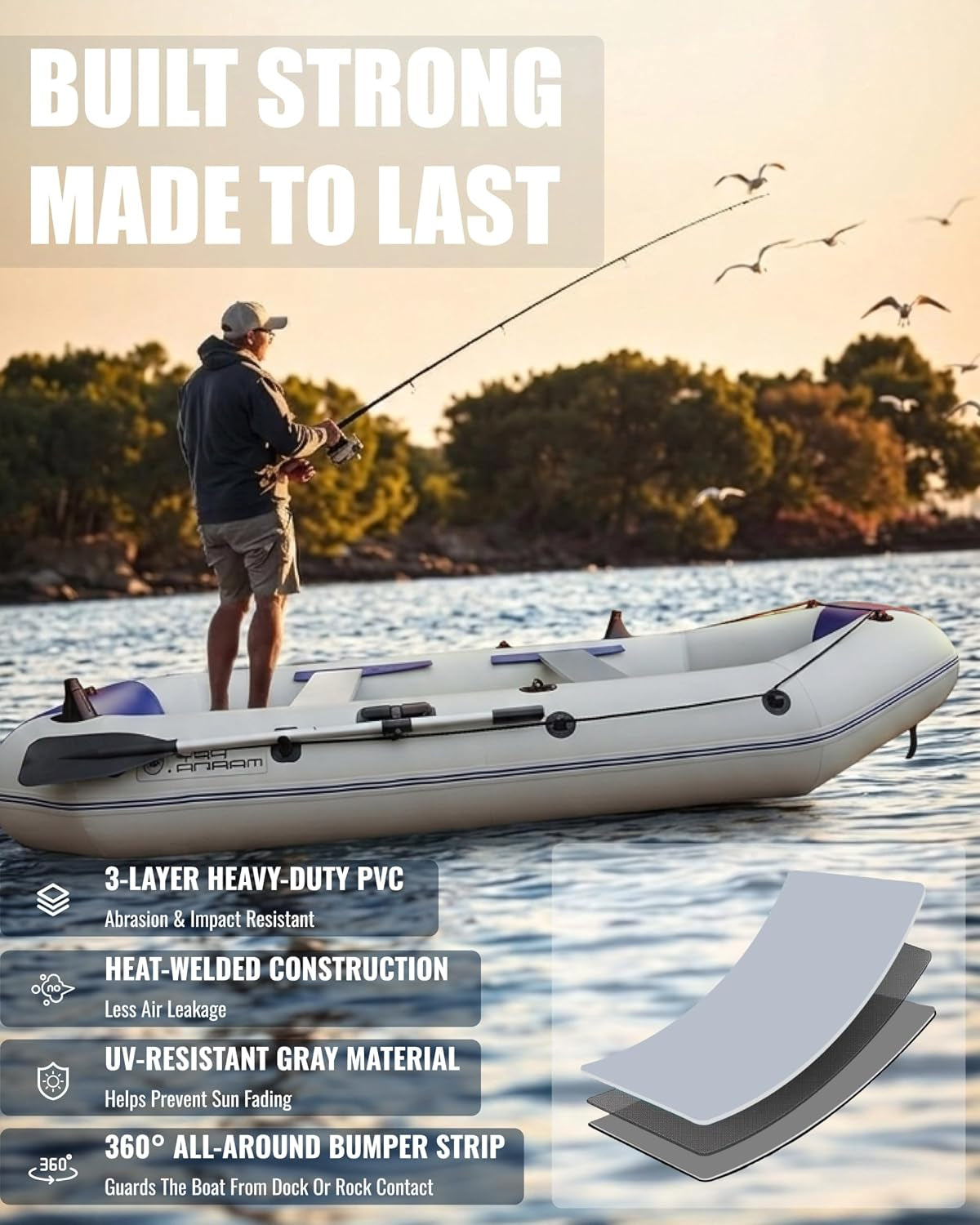 10FT Inflatable Fishing Boat for Adults with Drop-Stitch Floor 3–4 Persons PVC Inflatable Boat USCG Approved
